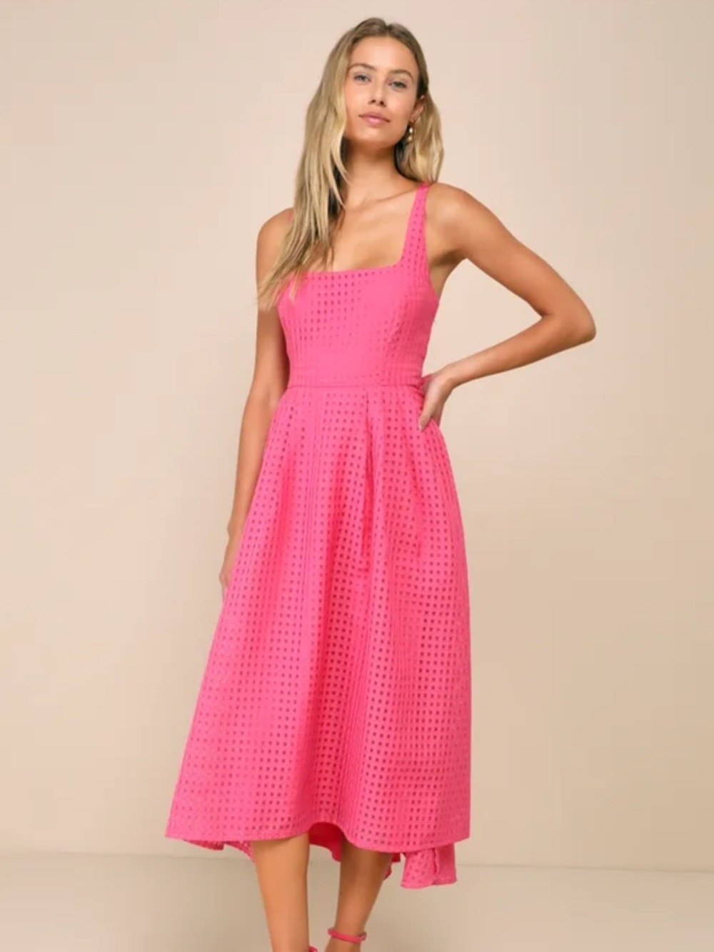 Definitely Stunning Hot Pink Gingham Burnout Midi Dress Size XS